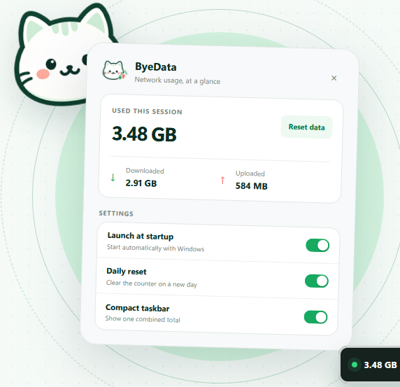 ByeData application showing session network usage and settings
